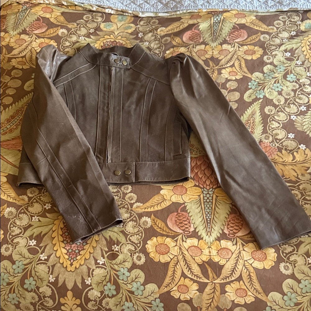 Arden B Brown Cropped Leather Jacket Size M Brass Button